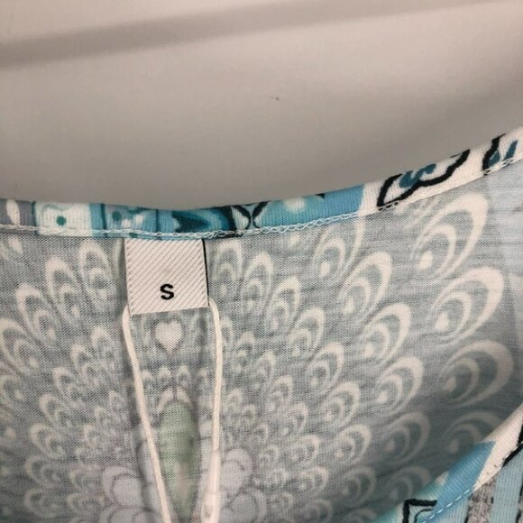 NWT teal blue cold  shoulder peacock print dress small - Picture 4 of 16